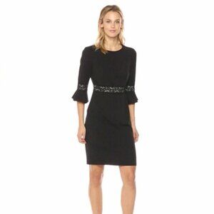 Donna Morgan Perfect LBD Women's Black 3/4 Bell Sleeve Shift Lace Inset Size 6